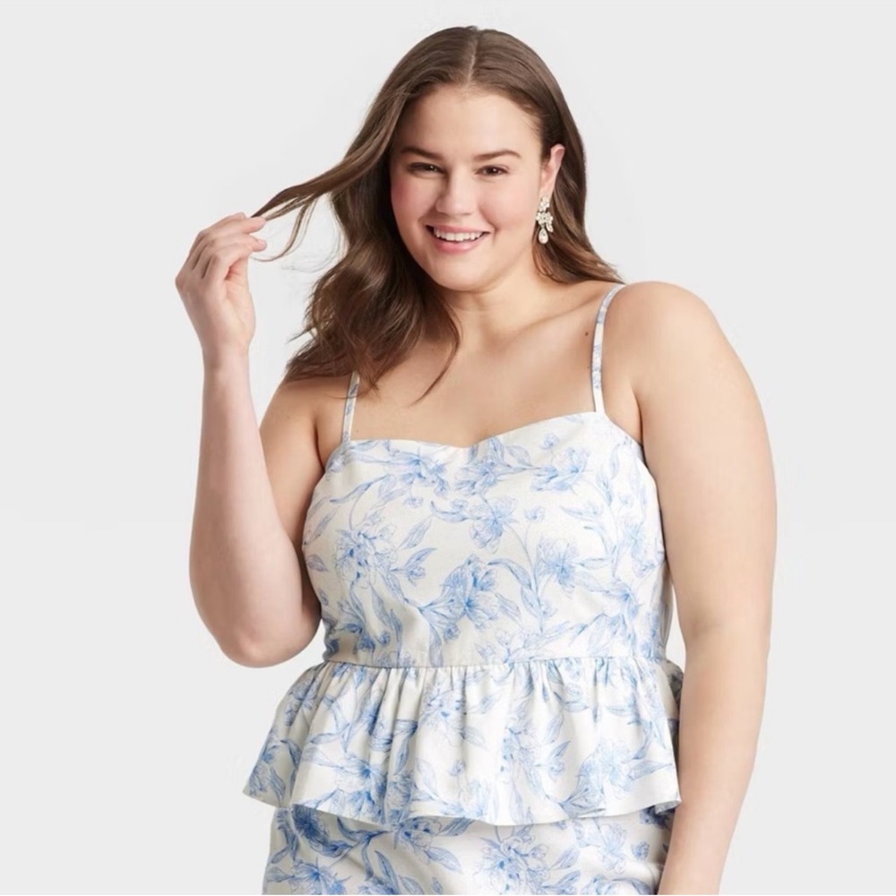 A New Day NWOT Blue White Floral Smocked Peplum Camisole Tank Size M